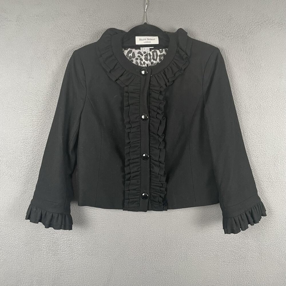 Helene Berman Jacket Womens M Black Wool Lined Collared Ruffle Button Short